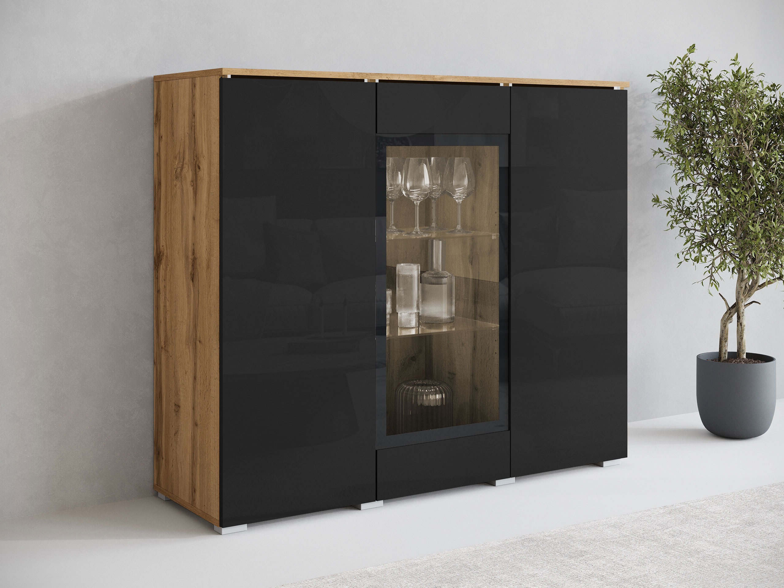 Sideboard Mirfivo 103 (Wotan Oak + Glossy black)