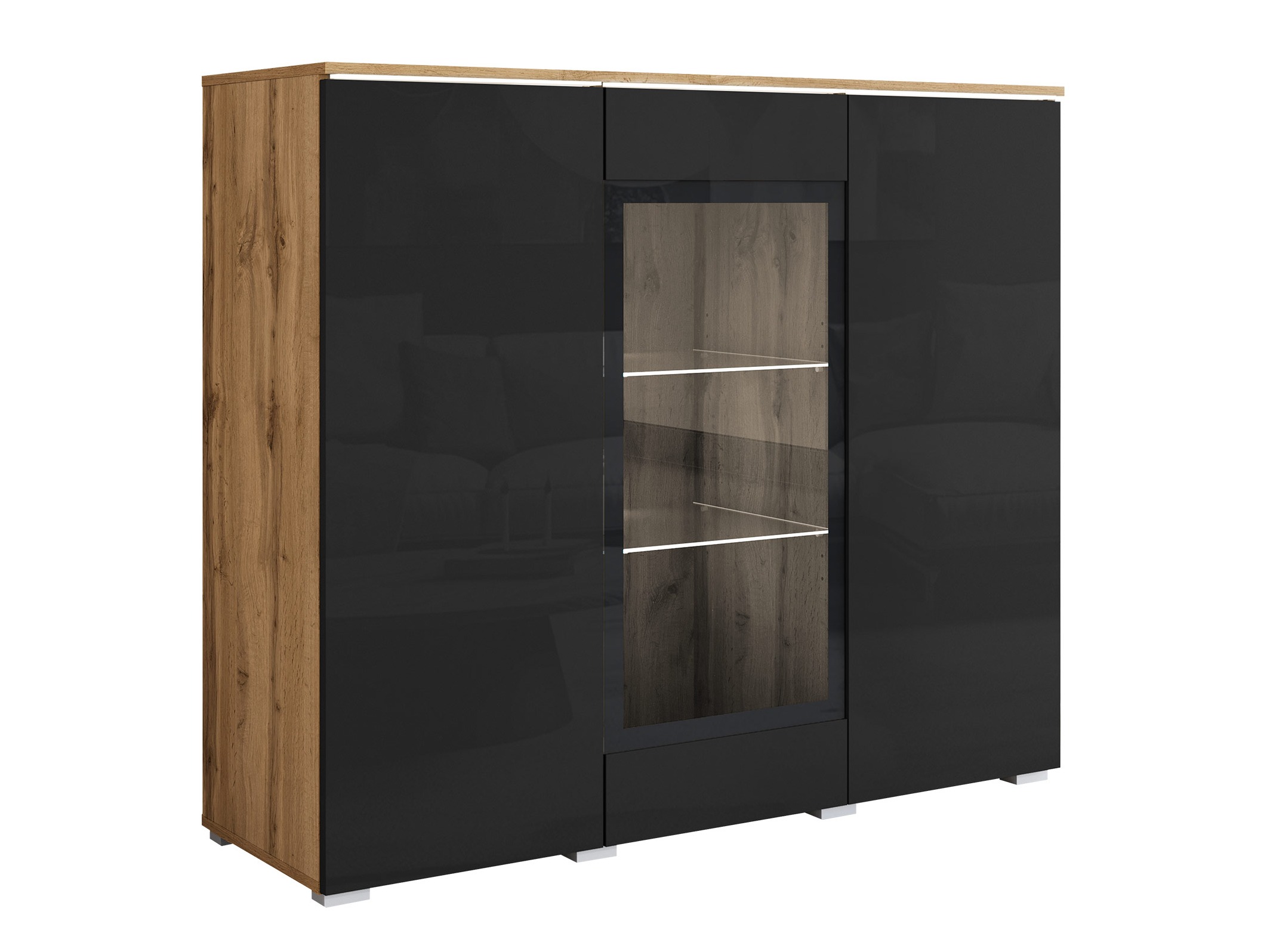 Sideboard Mirfivo 103 (Wotan Oak + Glossy black)