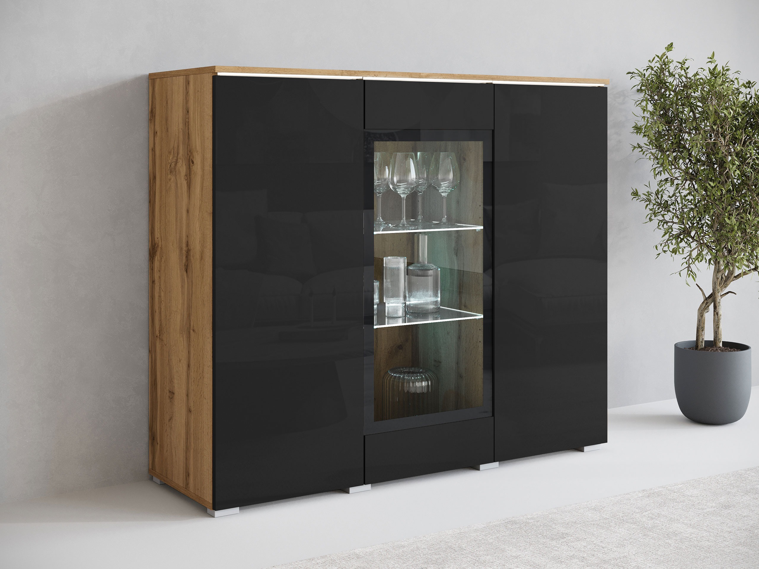 Sideboard Mirfivo 103 (Wotan Oak + Glossy black)