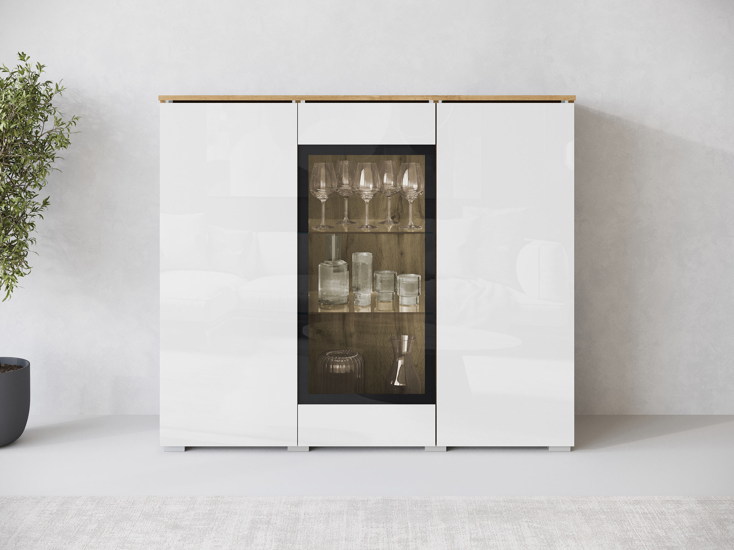 Sideboard Mirfivo 103 (Wotan Oak + Glossy white)