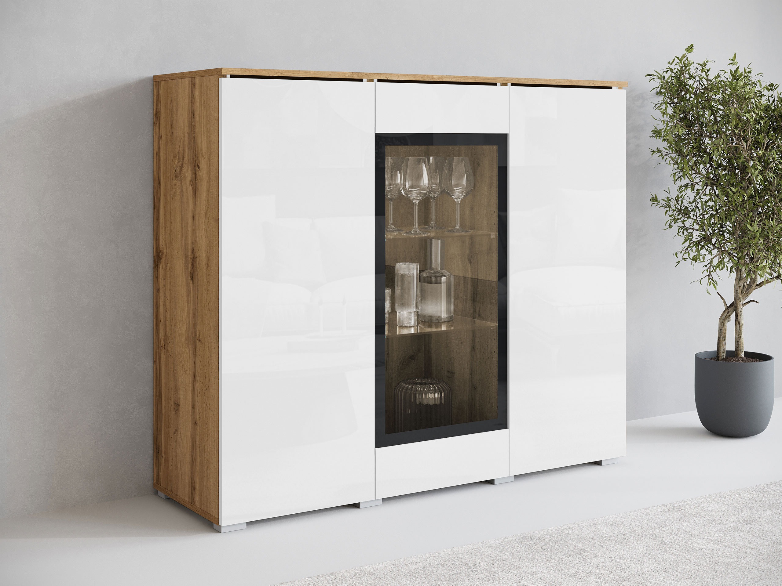 Sideboard Mirfivo 103 (Wotan Oak + Glossy white)