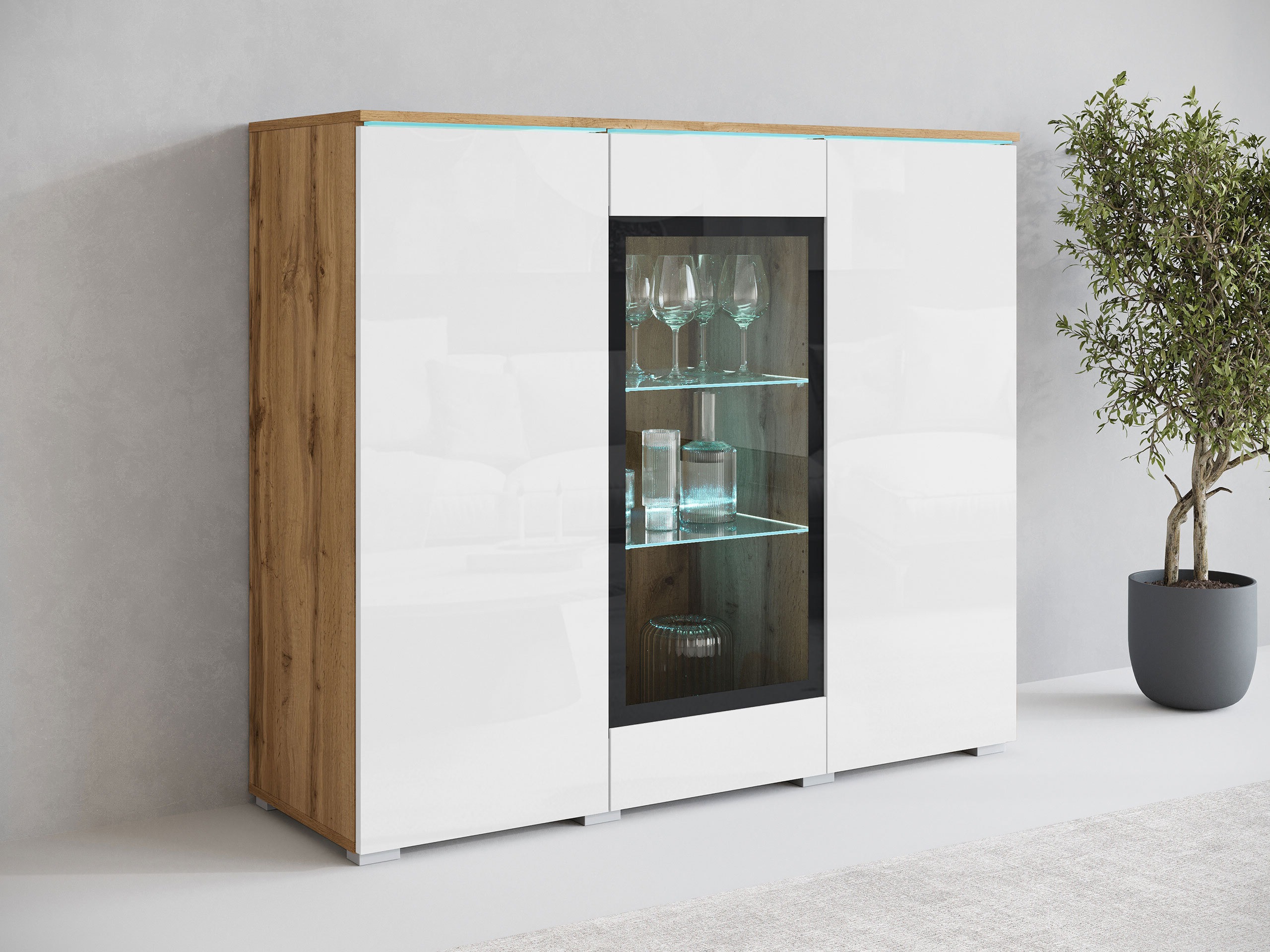 Sideboard Mirfivo 103 (Wotan Oak + Glossy white)