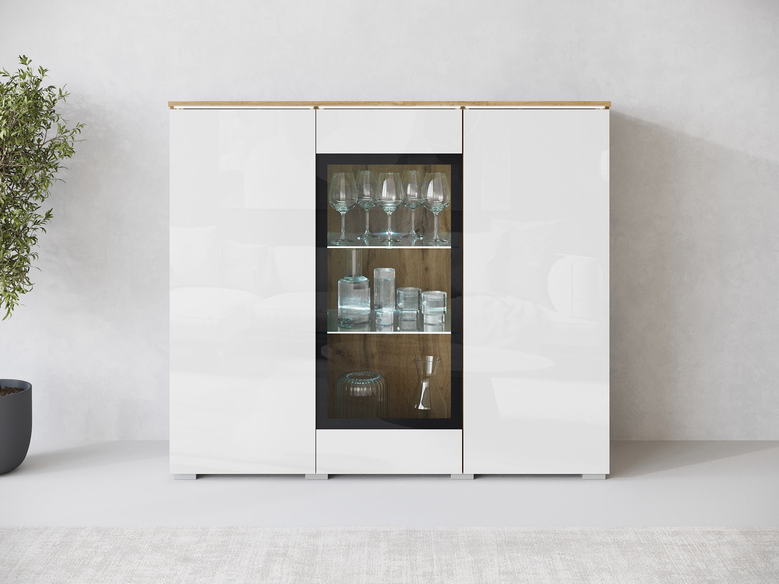 Sideboard Mirfivo 103 (Wotan Oak + Glossy white)
