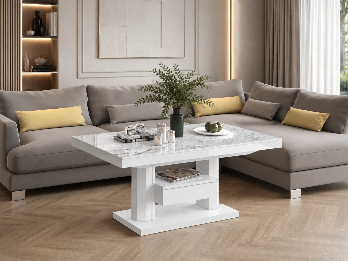 Coffee table transformer Hoboken 100 (White marble + Glossy white)