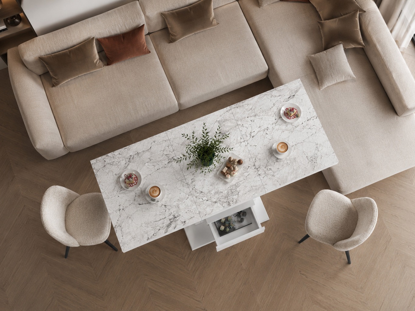 Coffee table transformer Hoboken 100 (White marble + Glossy white)