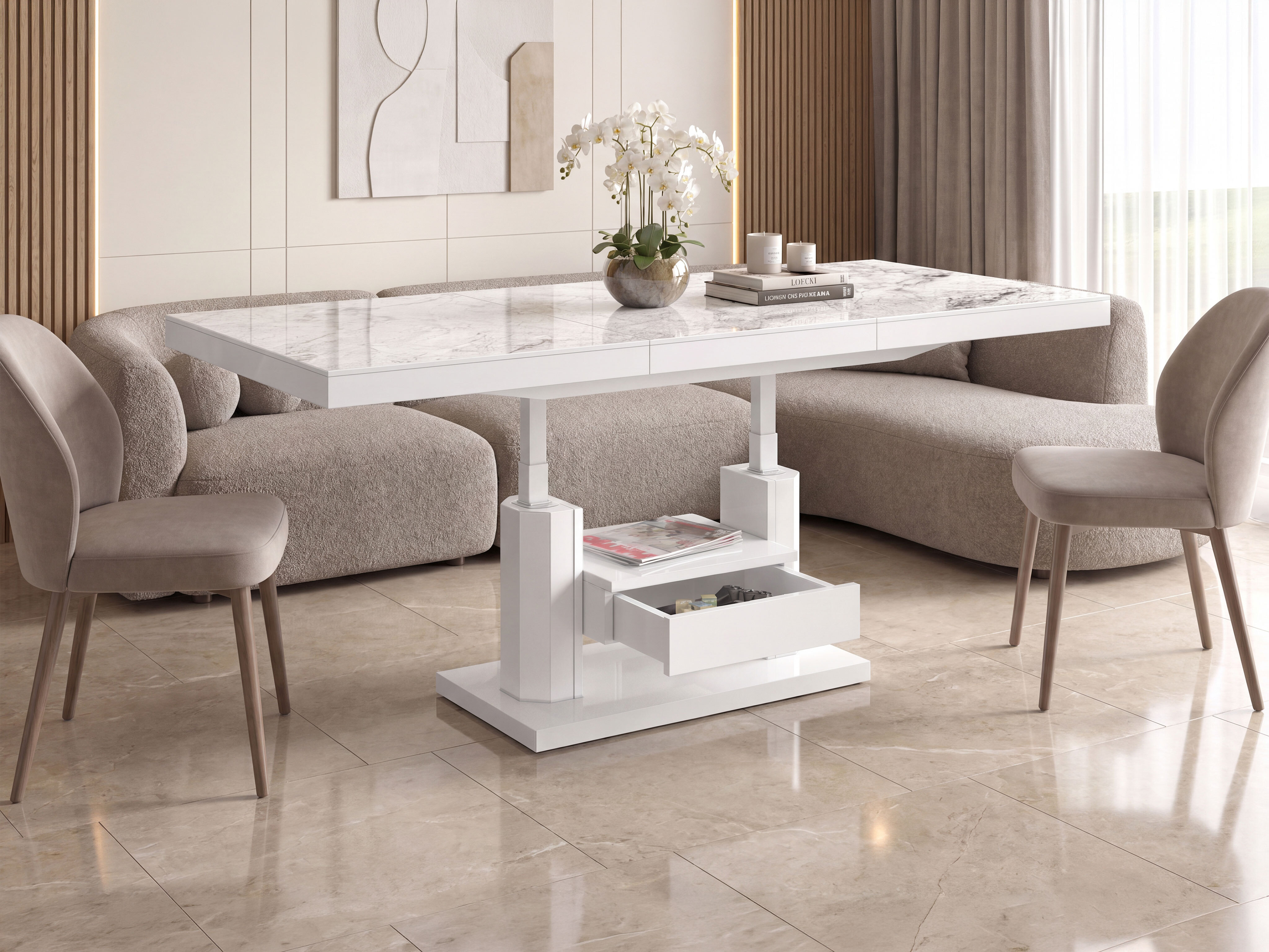 Coffee table transformer Hoboken 100 (White marble + Glossy white)
