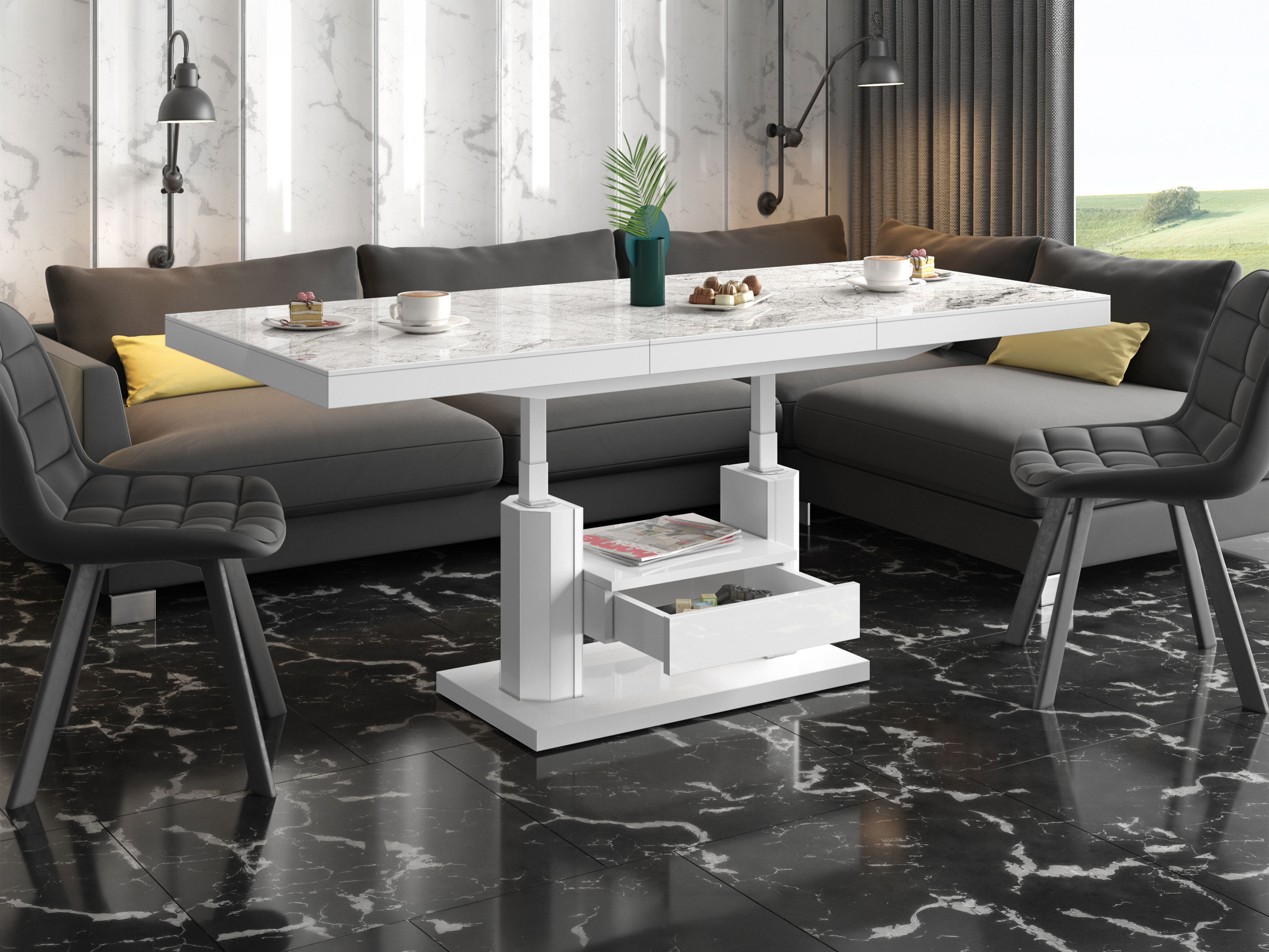 Coffee table transformer Hoboken 100 (White marble + Glossy white)