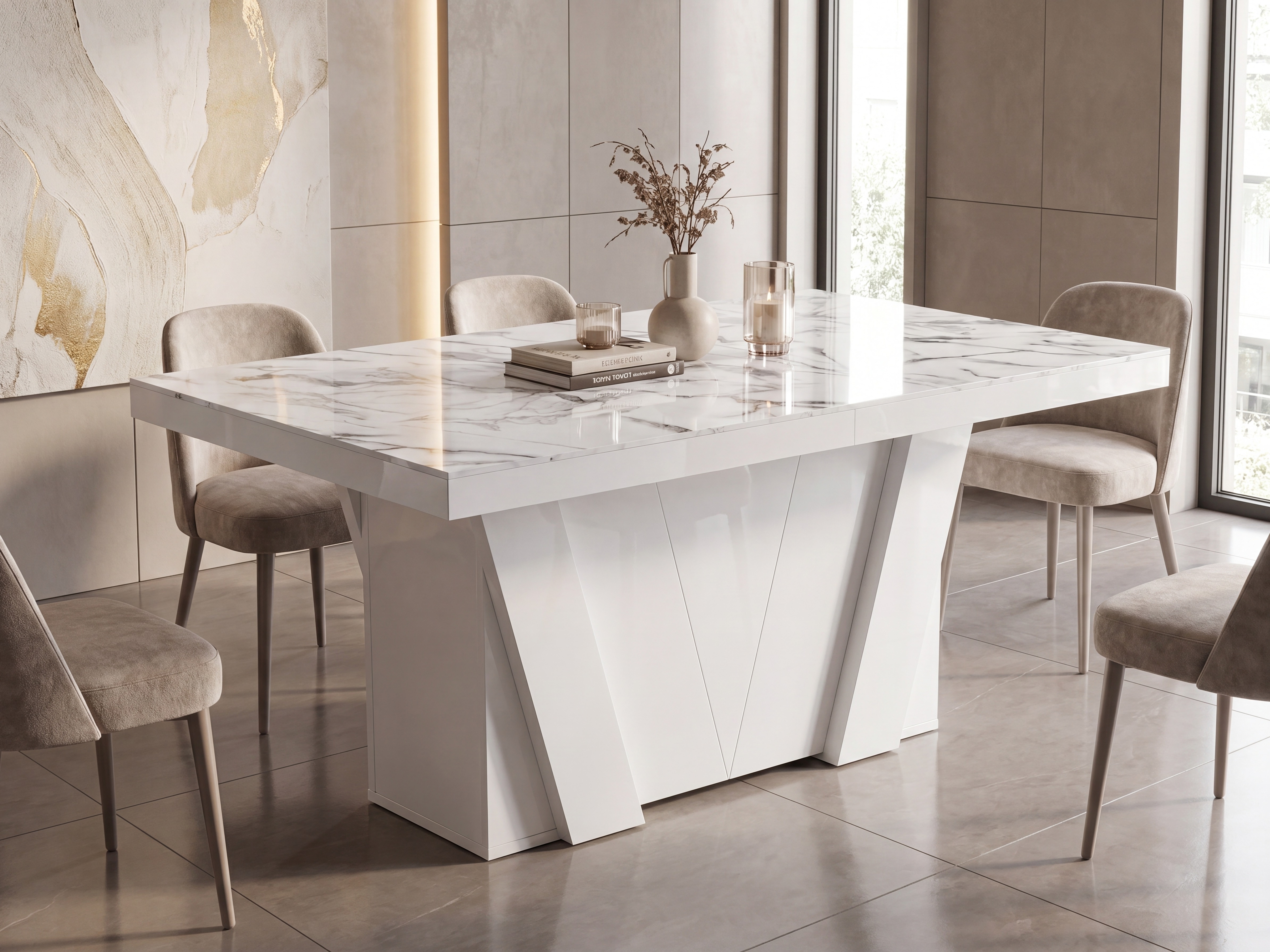 Table Hoboken 101 (White marble + Glossy white)
