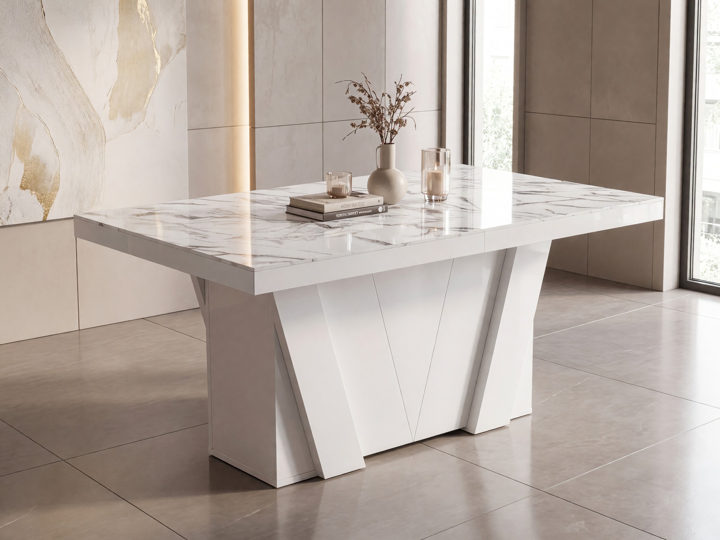 Table Hoboken 101 (White marble + Glossy white)