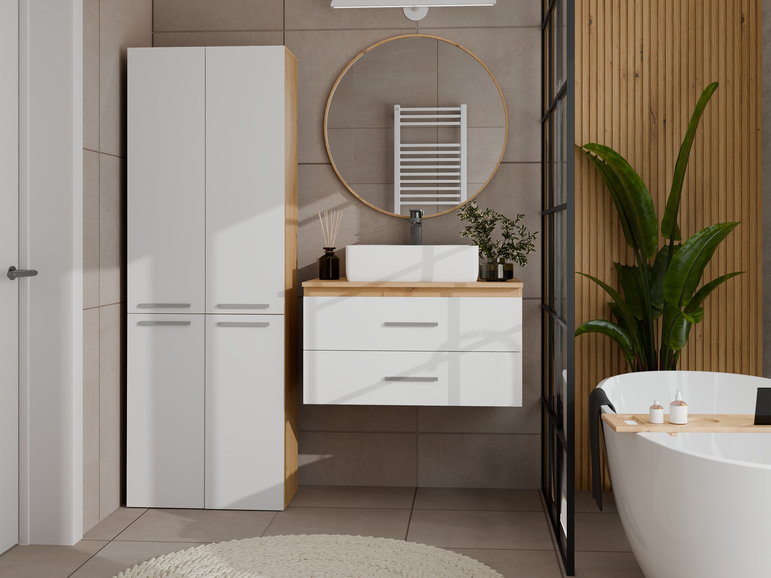 Standing bathroom cabinet Nolmaru 100 (Artisan oak + White)