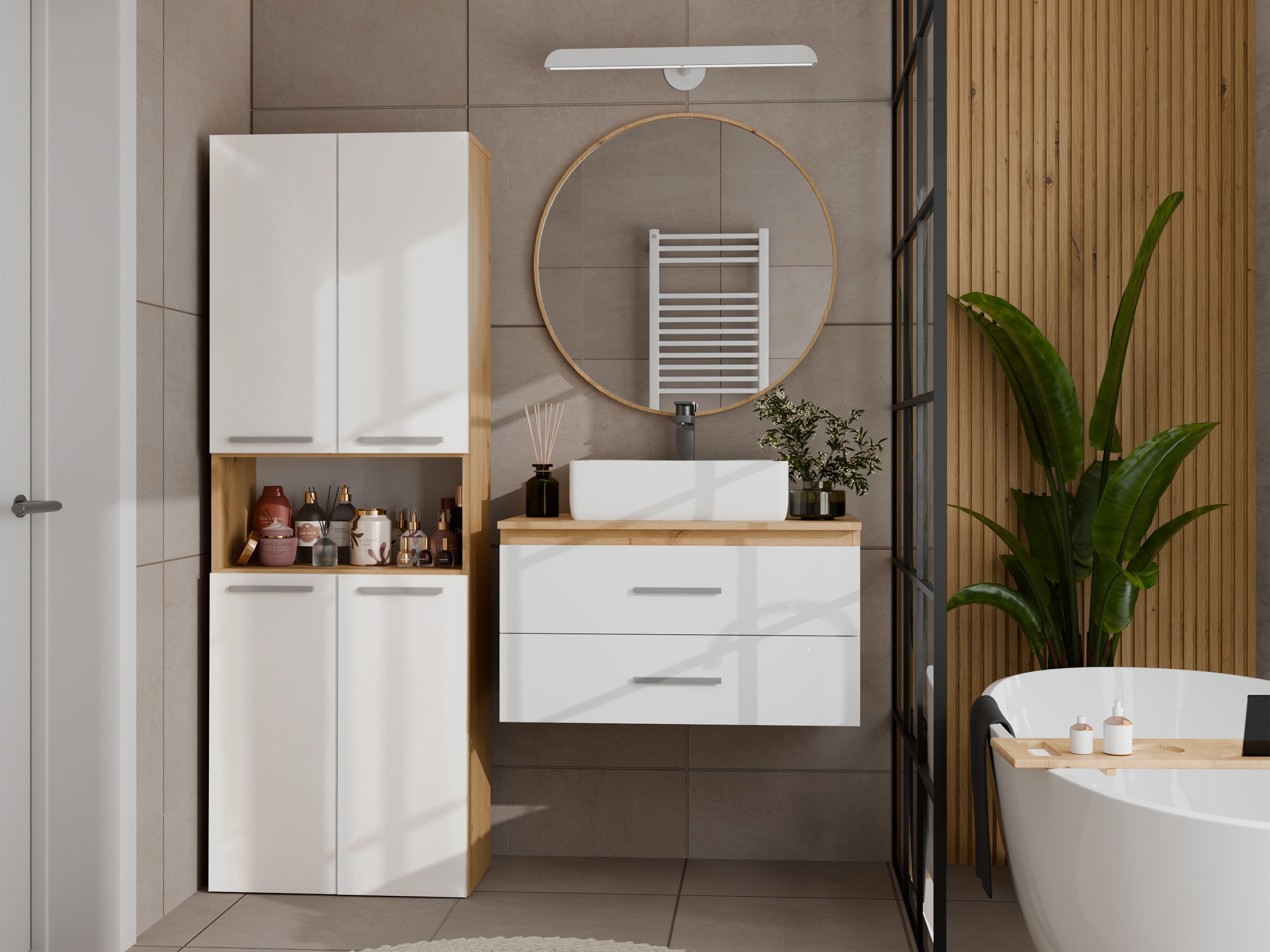 Standing bathroom cabinet Nolmaru 101 (Artisan oak + Glossy white)
