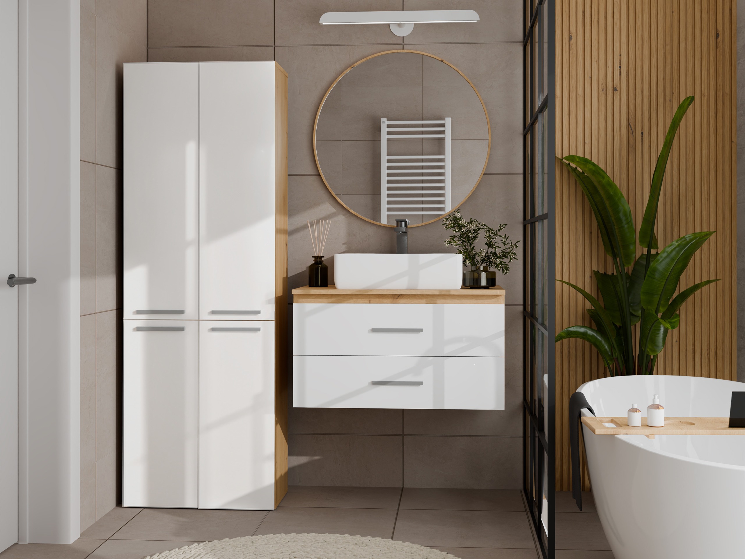 Standing bathroom cabinet Nolmaru 102 (Artisan oak + Glossy white)