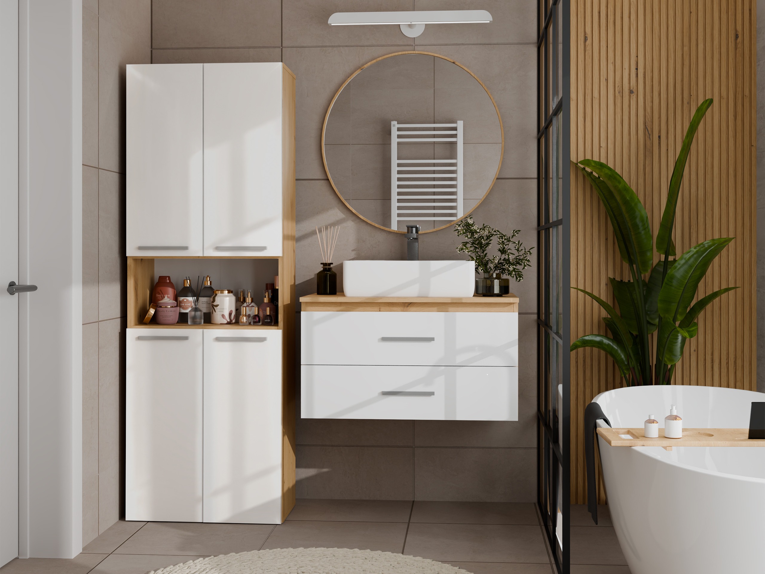 Standing bathroom cabinet Nolmaru 103 (Artisan oak + Glossy white)