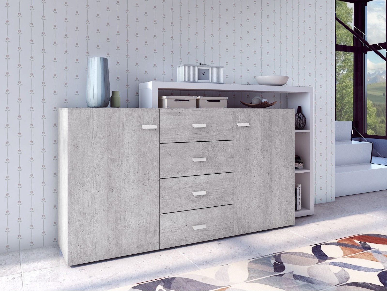Chest of drawers Lutiva 106 (White + Concrete)