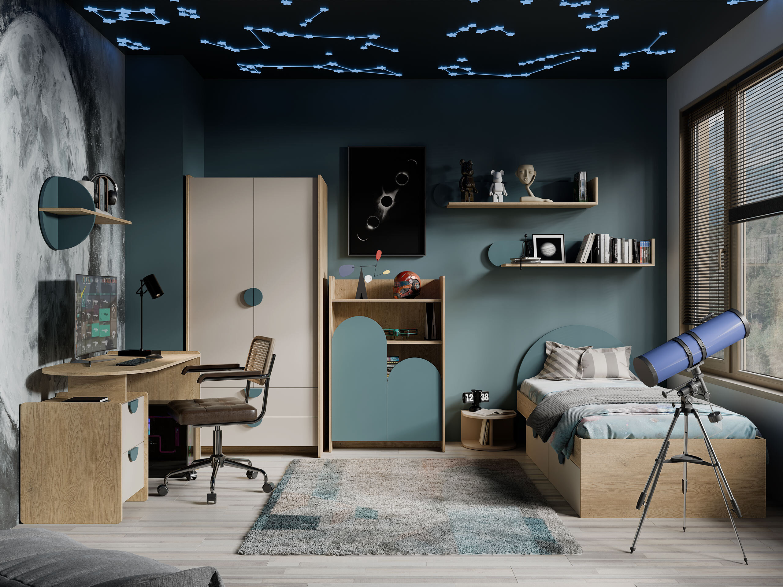 Wall shelf Fivelbi 116 (Cremona oak + Blue)