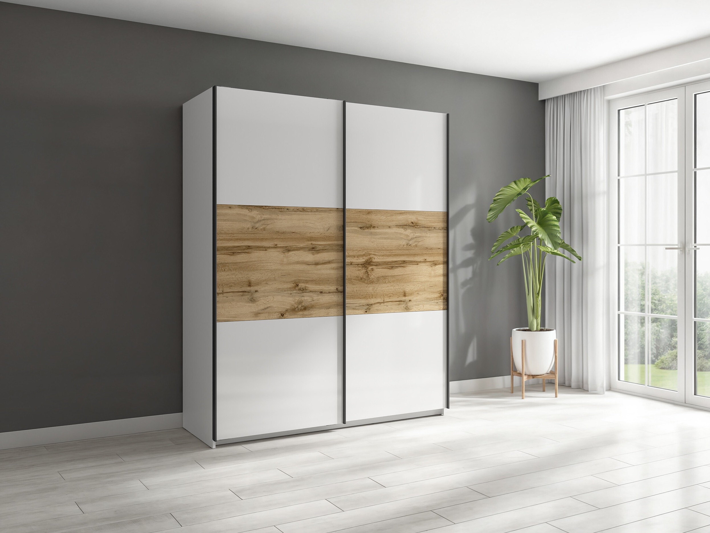 Wardrobe Livevaro 117 (Glossy white + Wotan Oak)