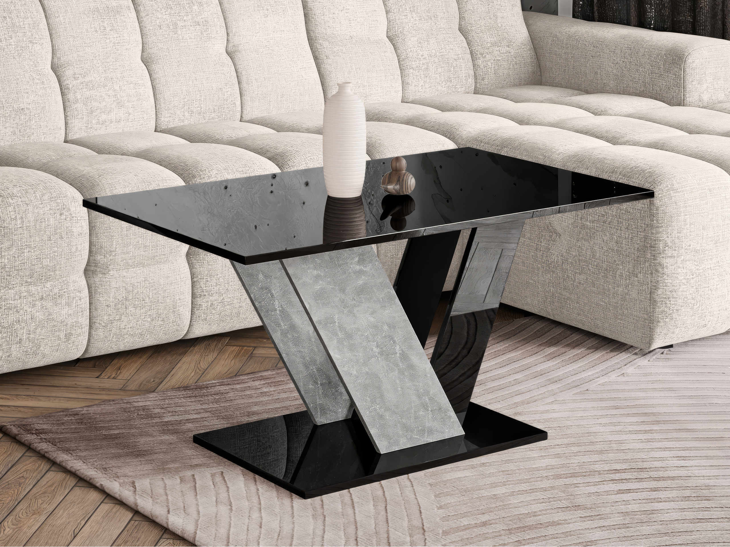 Coffee table Goodyear 142 (Glossy black + Concrete)