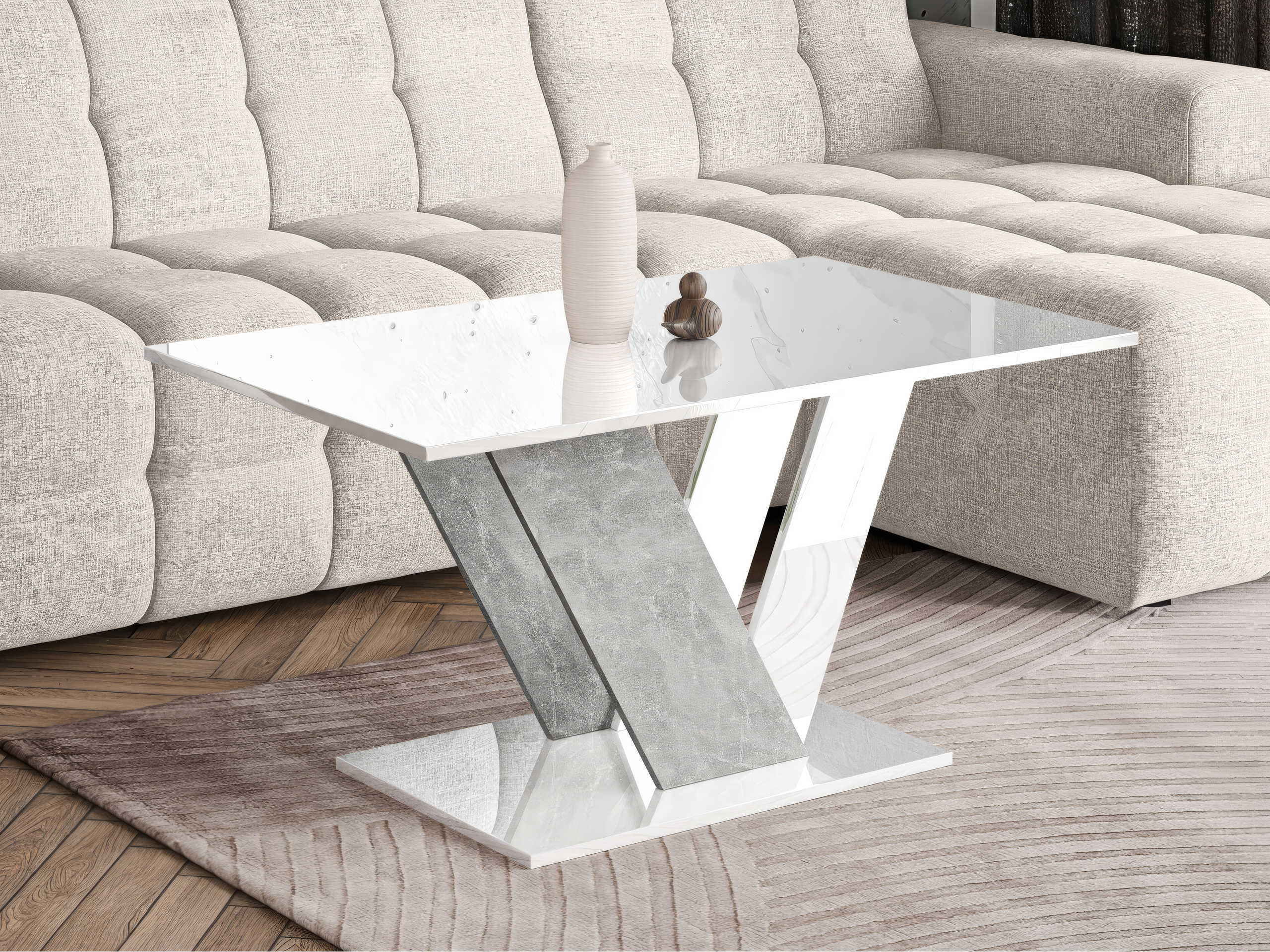 Coffee table Goodyear 142 (Glossy white + Concrete)