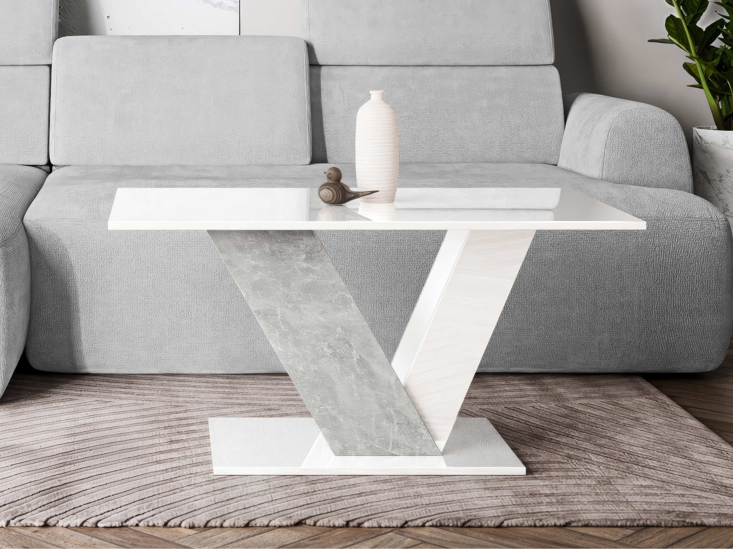 Coffee table Goodyear 142 (Glossy white + Concrete)
