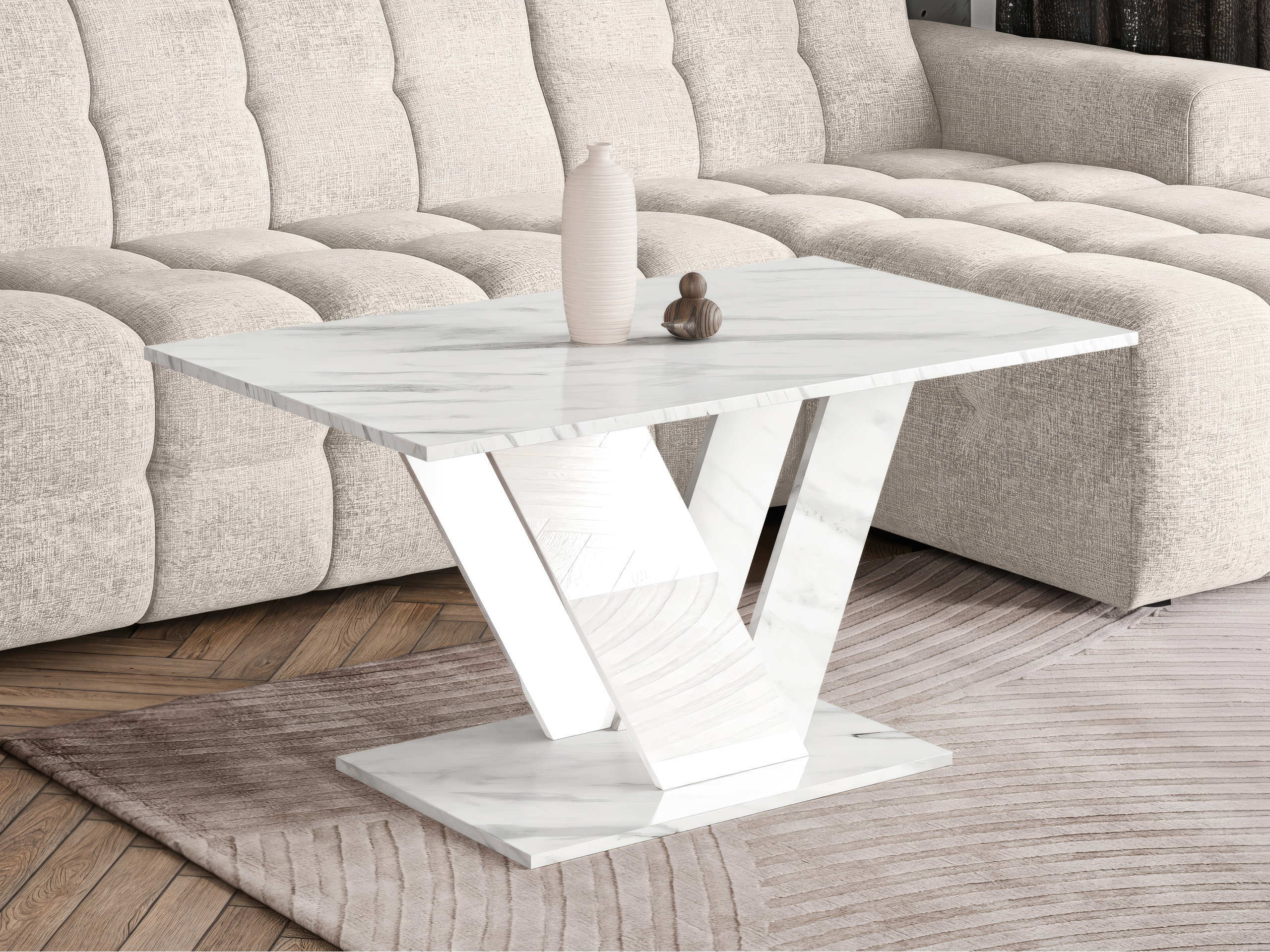 Coffee table Goodyear 142 (White marble + Glossy white)