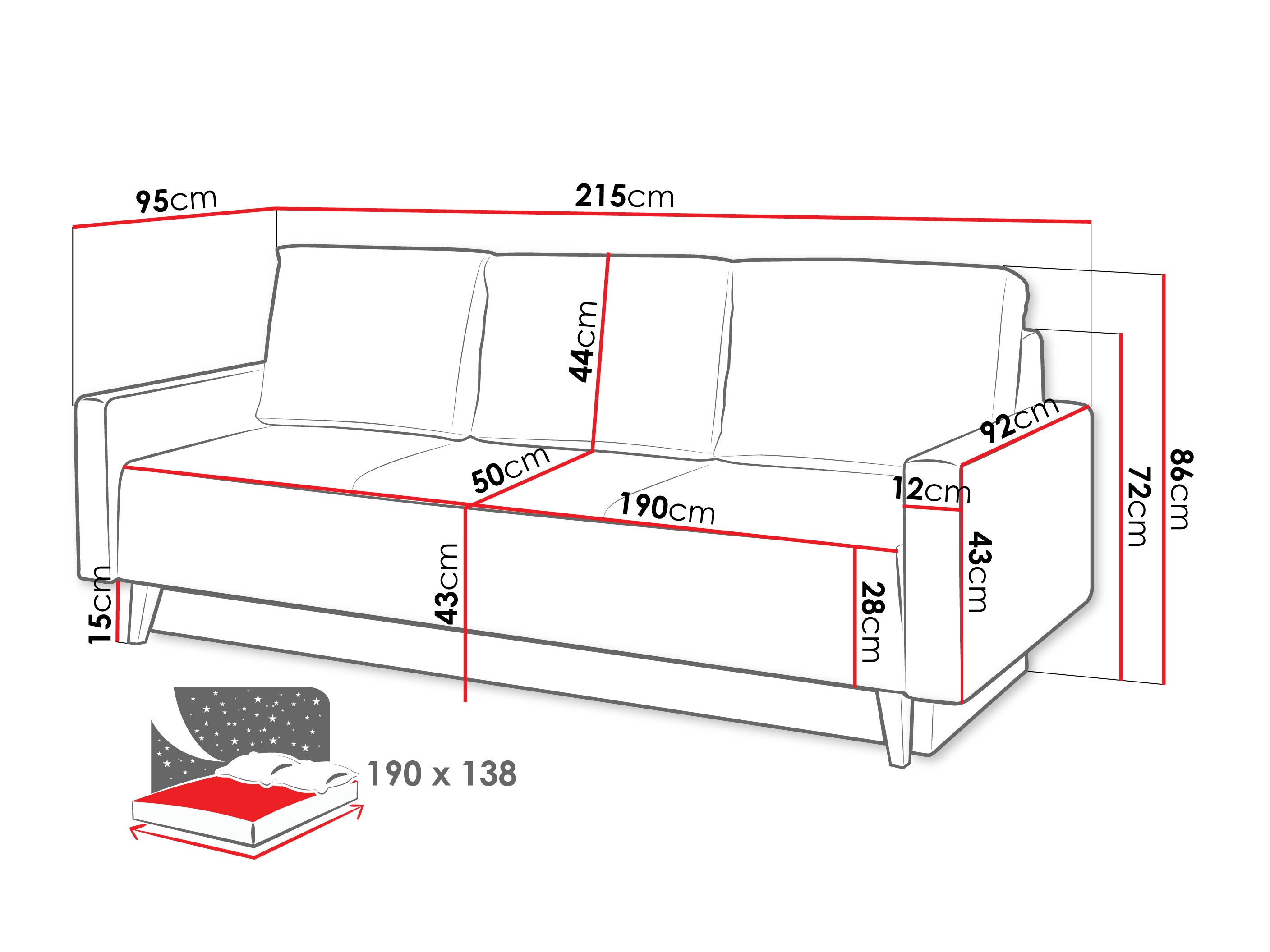 Sofa bed Delbene 129 (Aura 23 + Glossy black)
