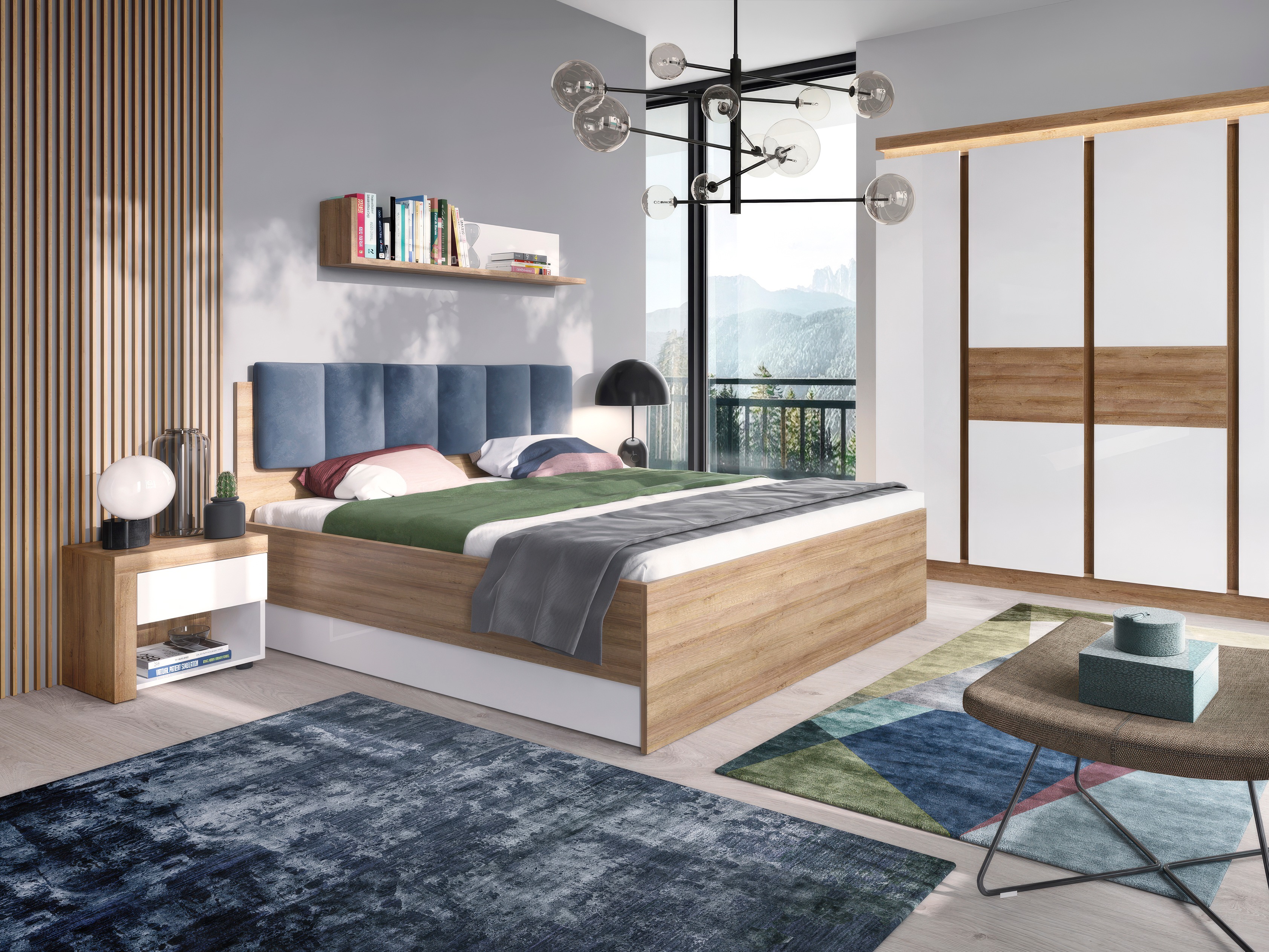 Bedside table Feldeli 113 (Riviera oak + Glossy white)