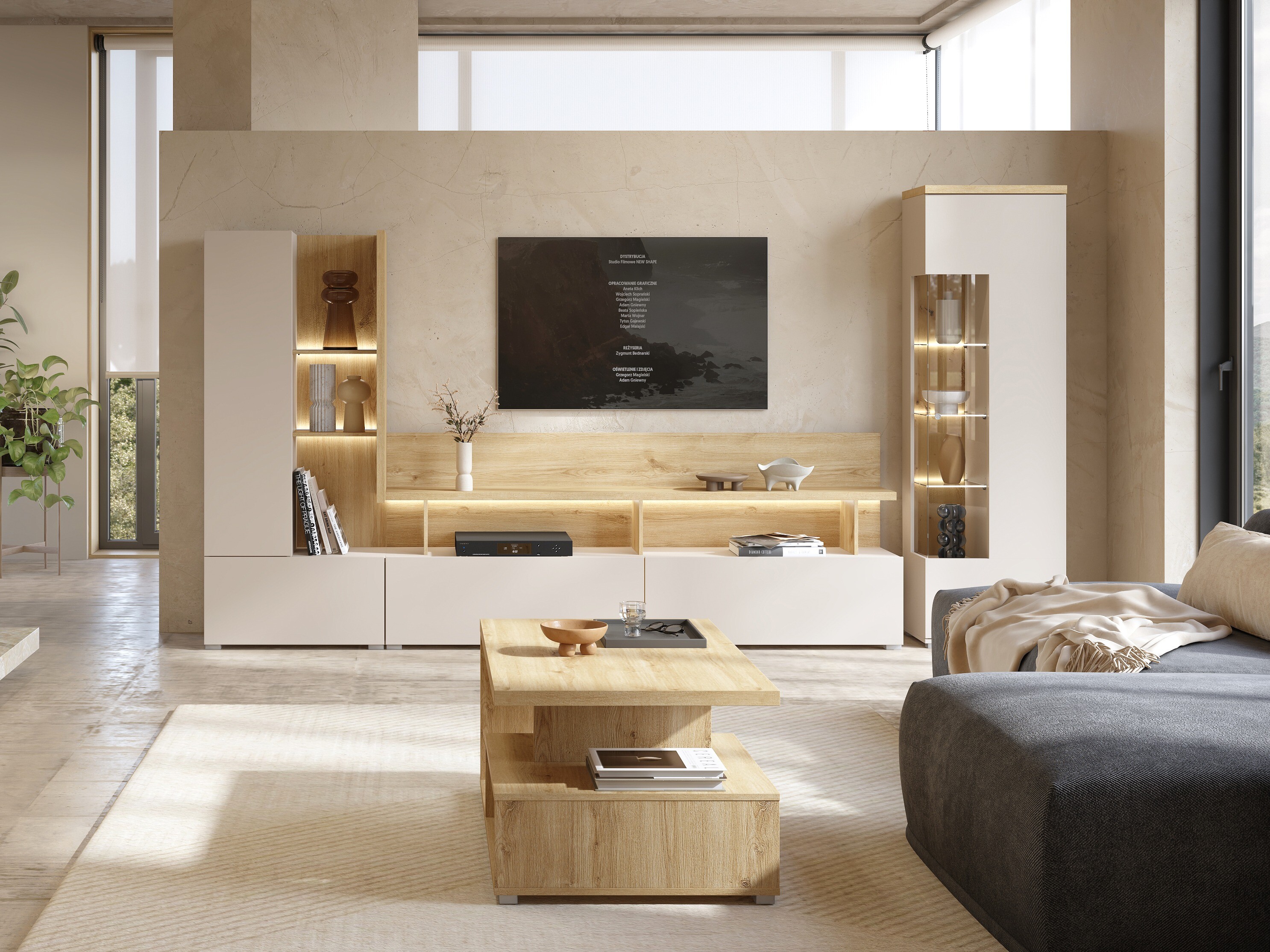 Bookcase Virvele 102 (Cashmere + Light oak)