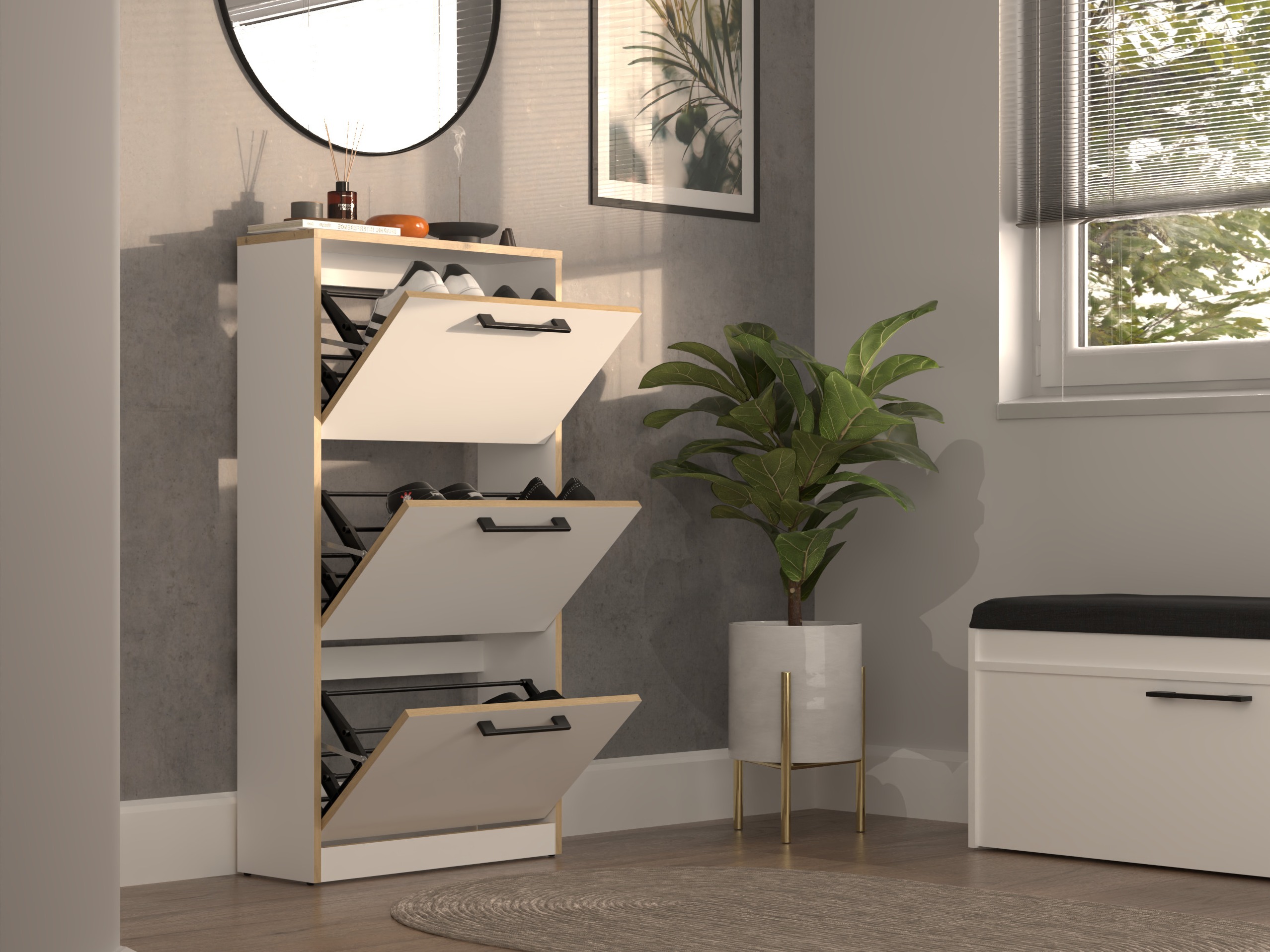 Shoe cabinet Mandeville 224 (White + Artisan oak)