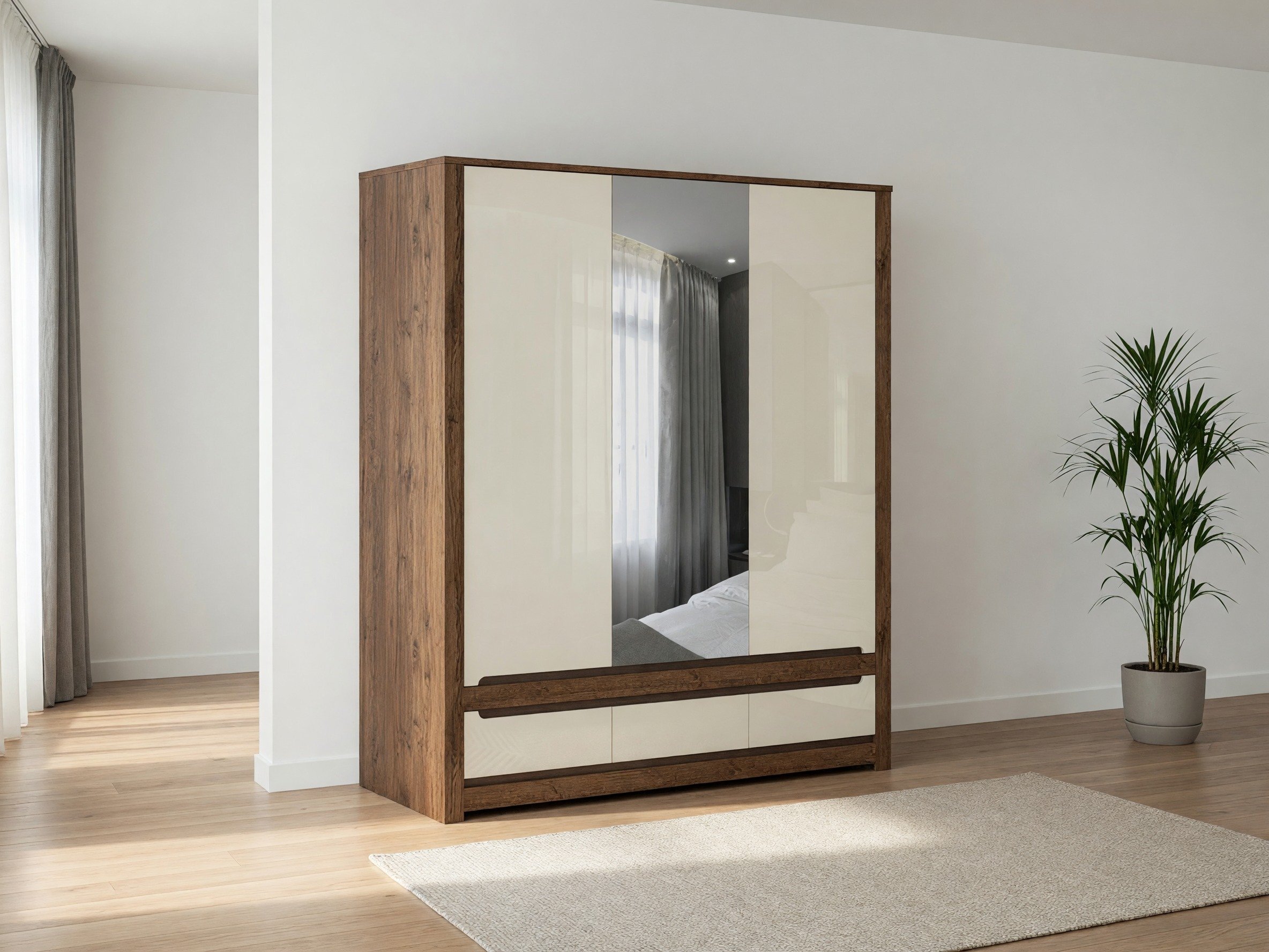 Wardrobe Ophevaru 114 (Glossy cream + April oak)