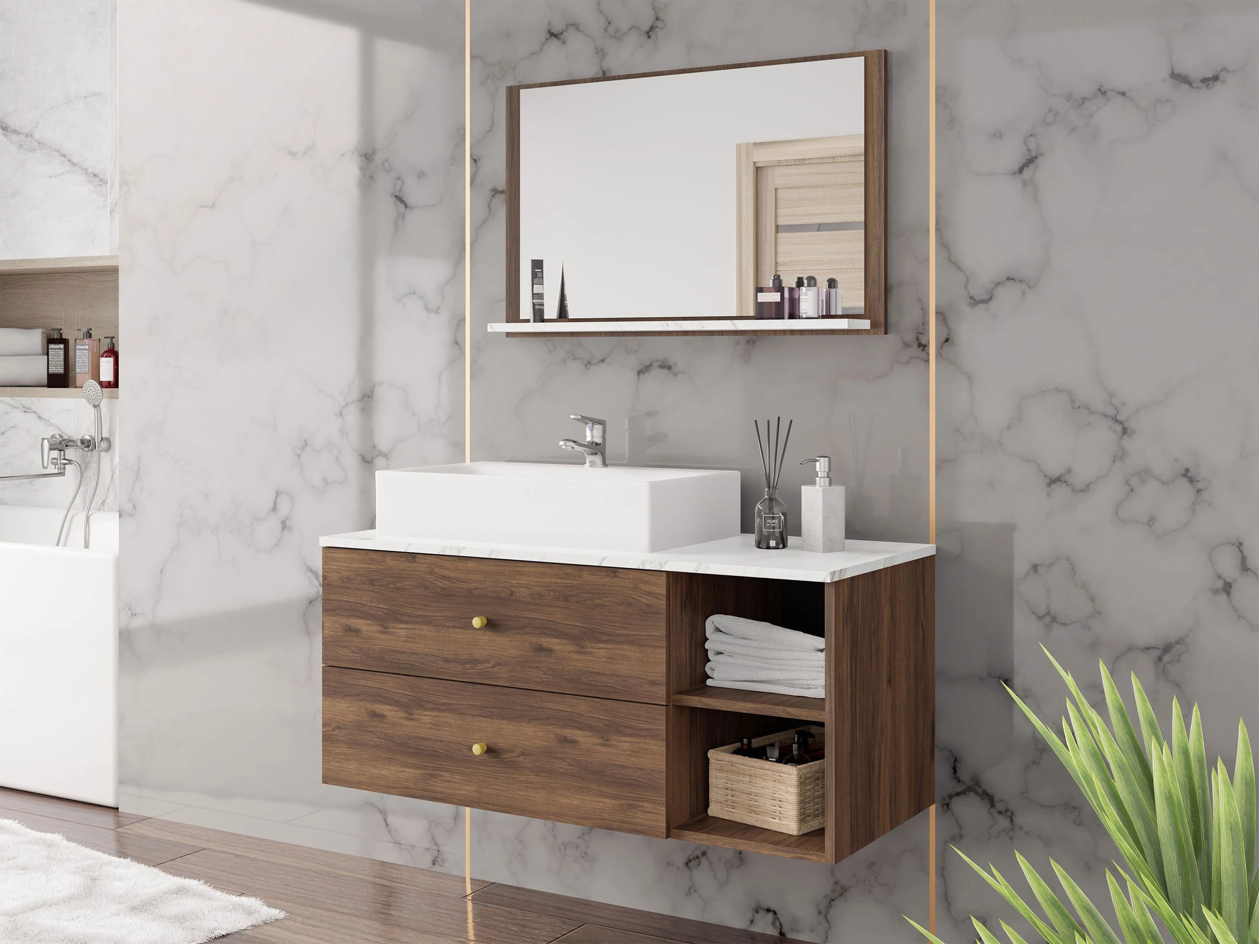 Bathroom mirror Salus (Walnut + White marble)