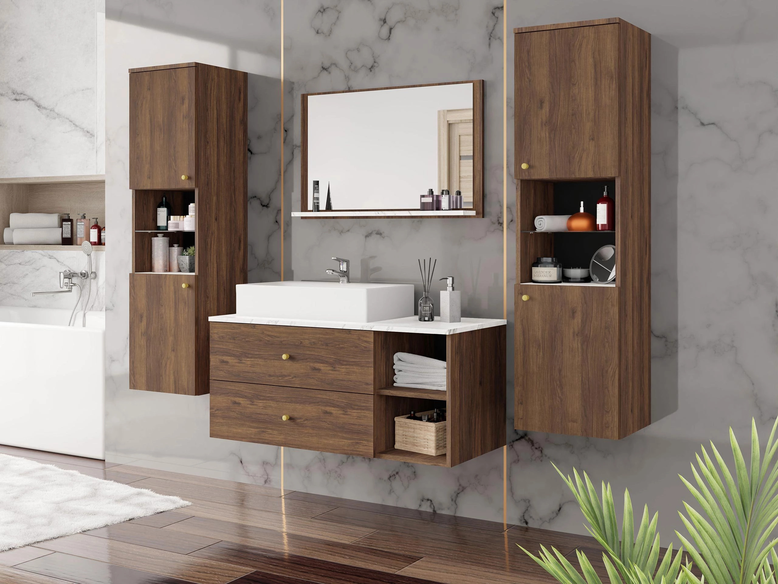 Wall-mounted bathroom cabinet for washbasin Salus (Walnut + White marble)