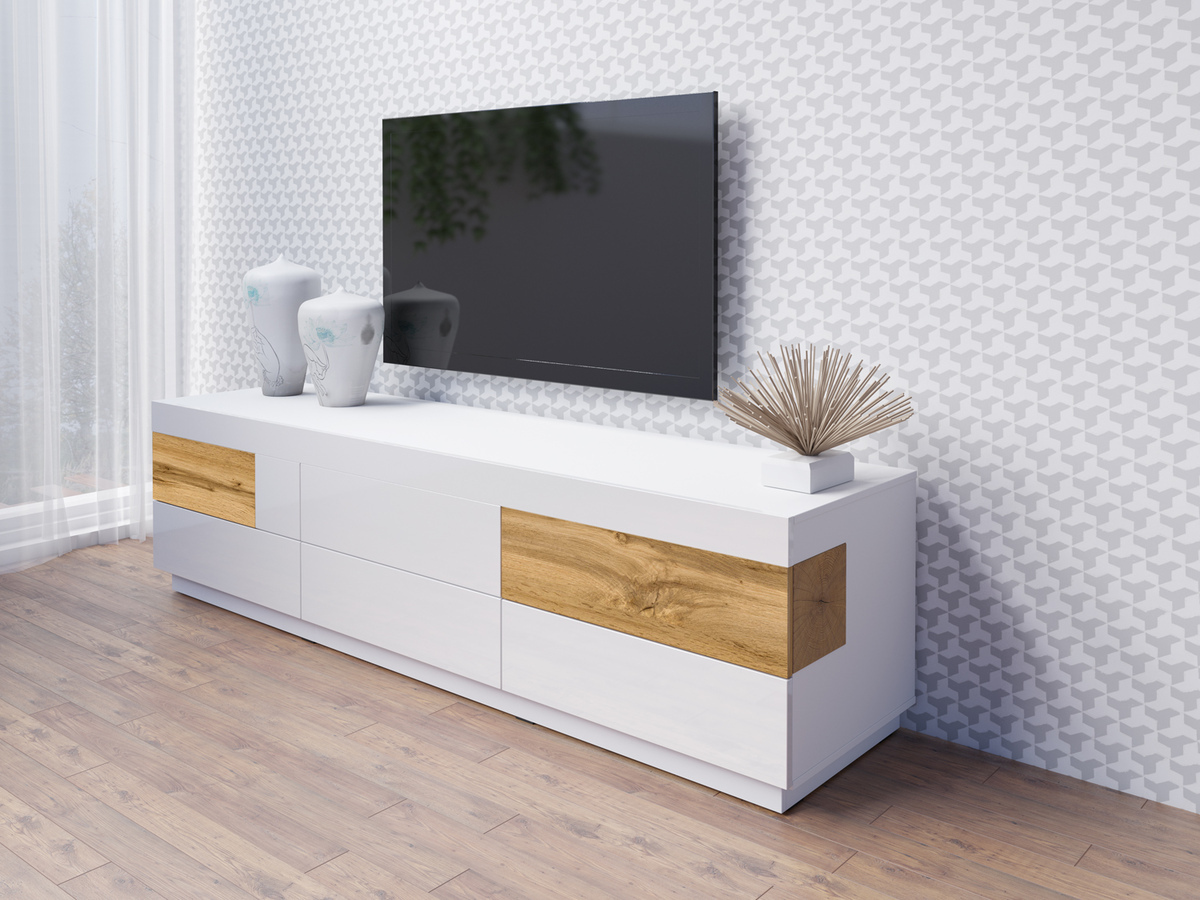 TV stand Livlore 102 (White + Glossy white + Wotan Oak)