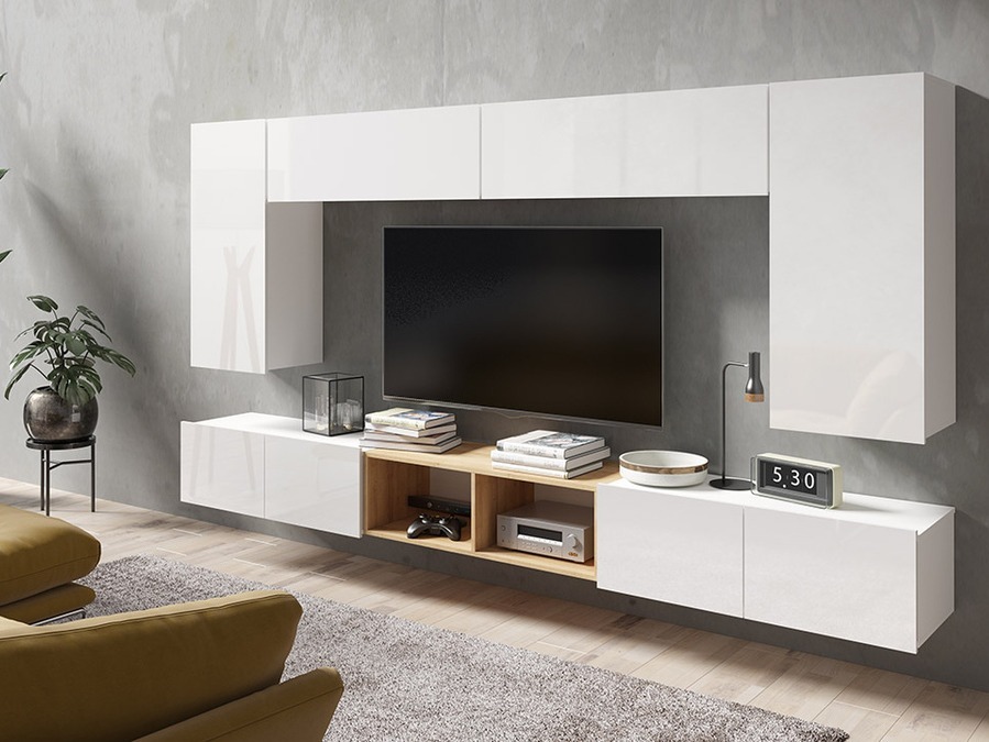 Living room set Remus XXIII (White + Glossy white + Golden oak)