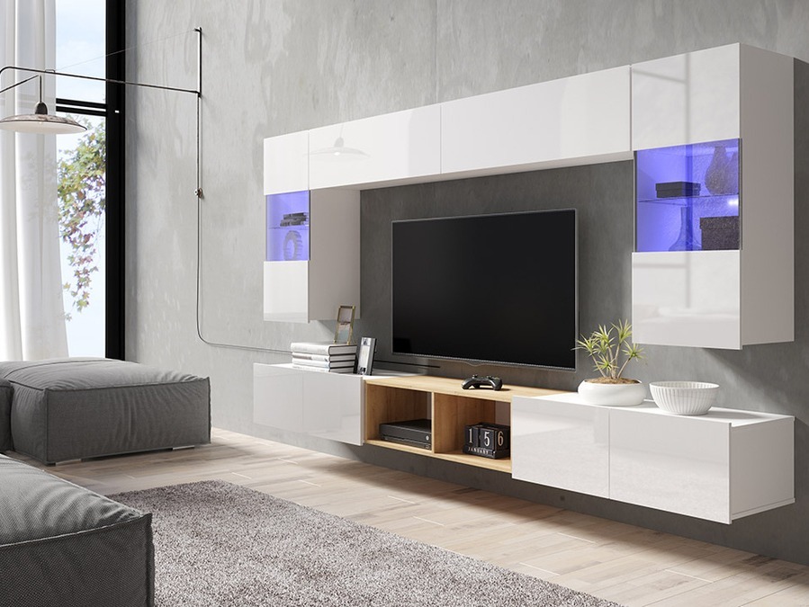 Living room set Remus XXIV (White + Glossy white + Golden oak)