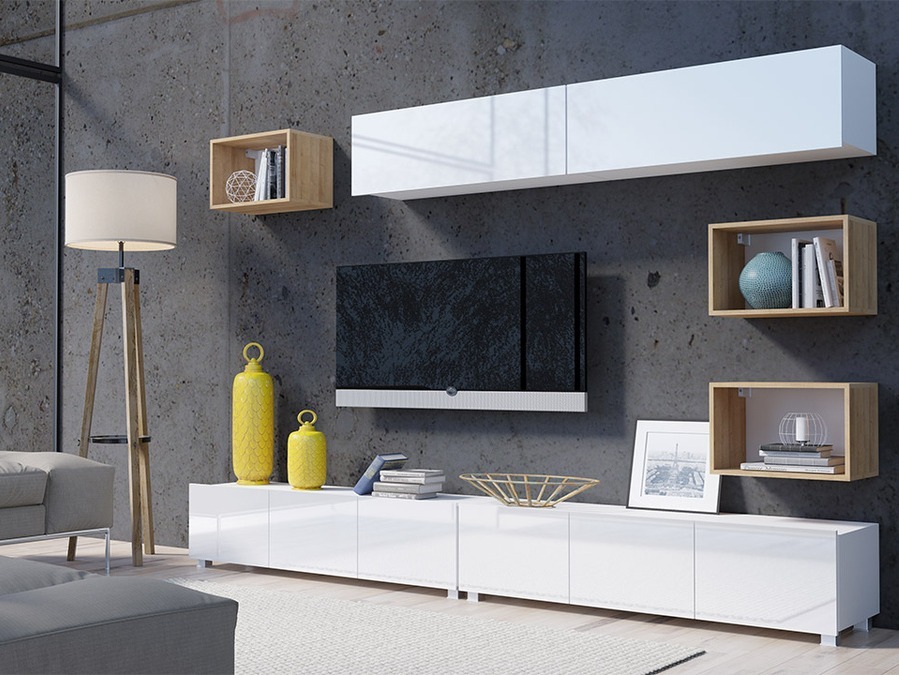 Living room set Remus XXXI (White + Glossy white + Golden oak)