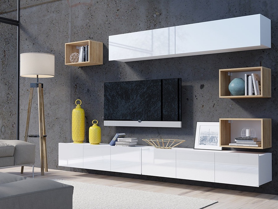 Living room set Remus XXXI (White + Glossy white + Golden oak)