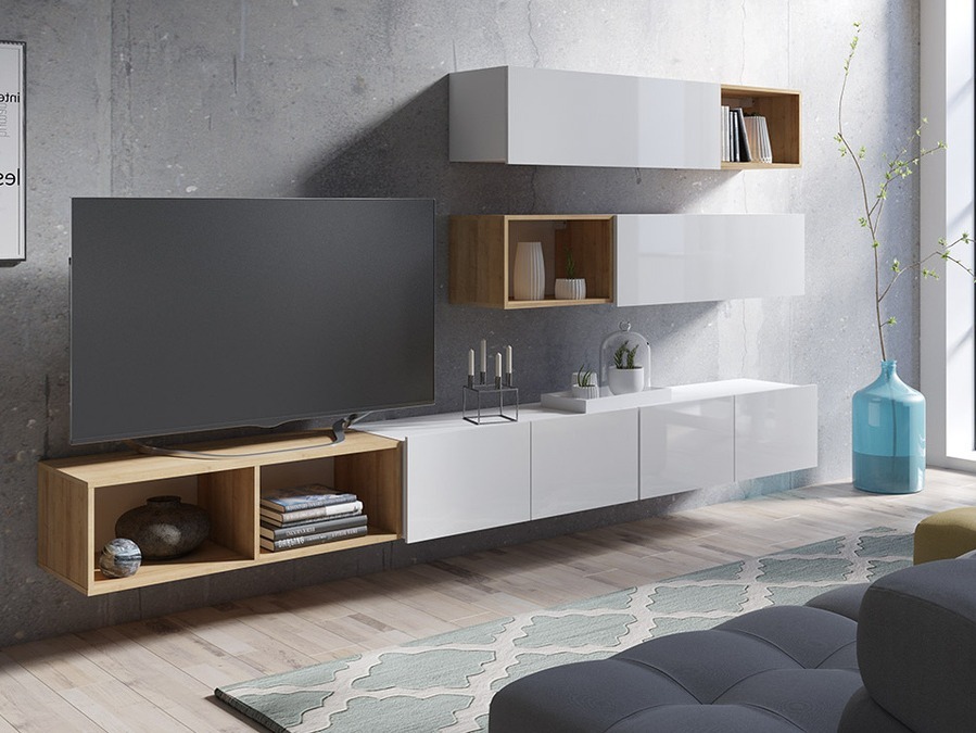 Living room set Tivdalu 145 (White + Glossy white + Golden oak)