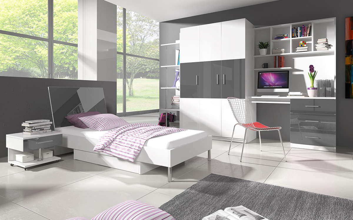 Wardrobe Campus I (White + Glossy white + Gloss grey)